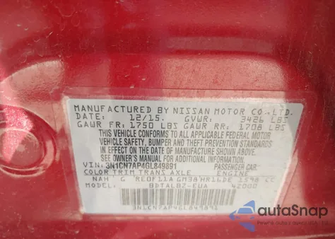 2016 Nissan Versa 1.6 S/1.6 S+/1.6 Sl/1.6 Sv z USA, uszkodzony, nr VIN 3N1CN7AP4GL849891